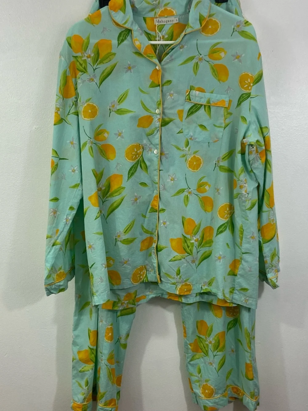 Mahogany Pajama Set Lemon Print Blue Yellow Cotton Top Pants Large Colorful